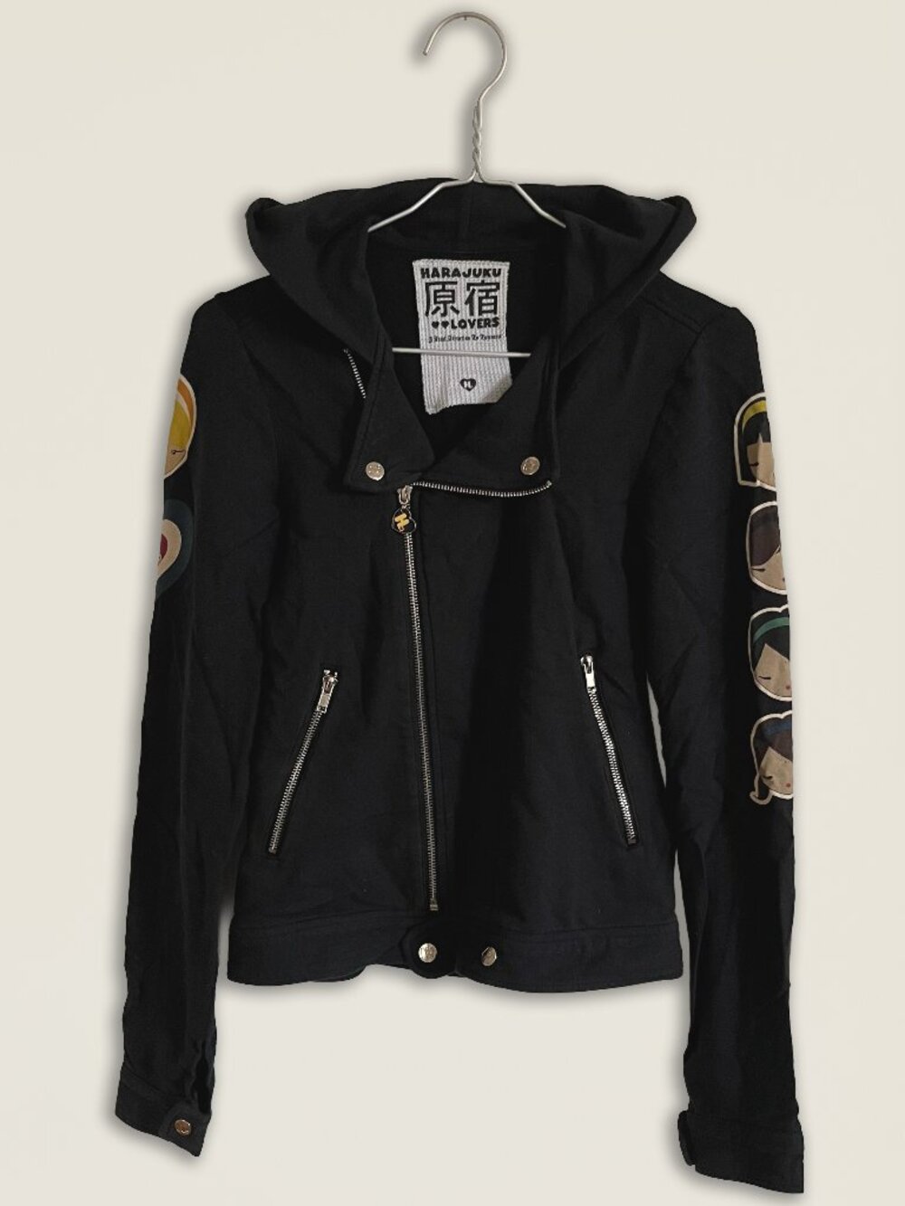 Harajuku Lovers Moto Hoodie Women's Black Multicolor Full Zip Y2K 2000s Vintage